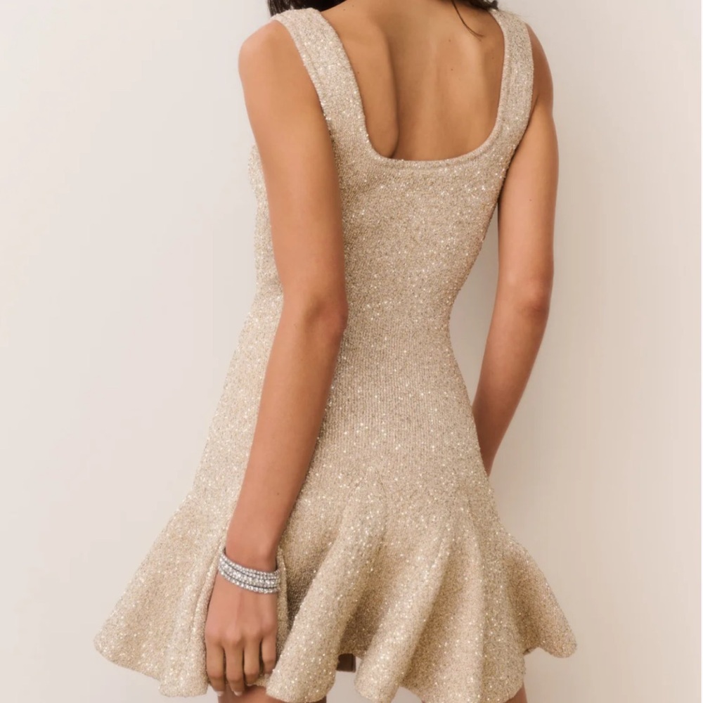 LOVFSHACKFANCY Sarajane Sequin Stretch Knit Mini Dress Honey Gold NWT